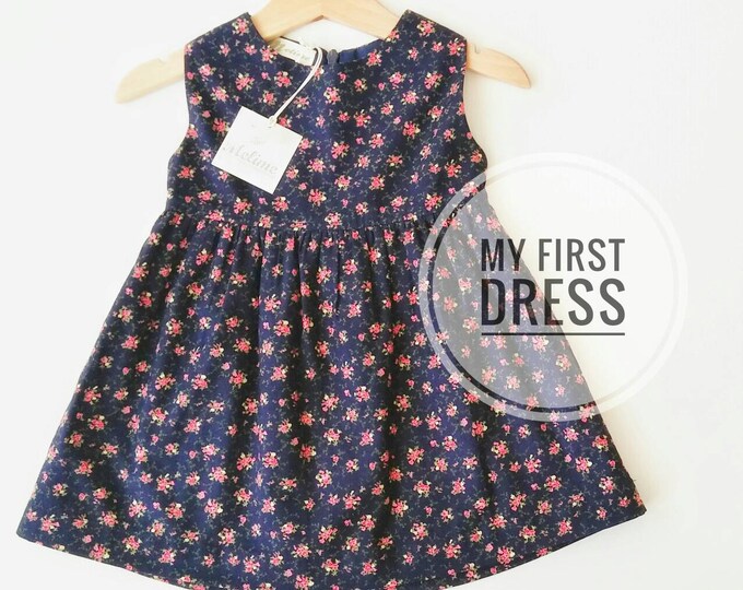 Baby First Dress, Little Girl Navy Dress, Four season Dress, Little Girl Floral Dress, Baby Sleeveless dress, Infant first dress,