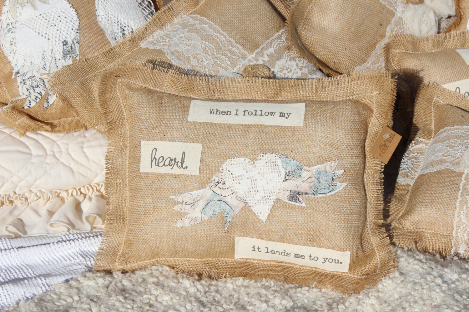 Rustic pillow with heart with wings When I follow my