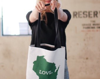 Wisconsin Pride Canvas Tote Bag // Mom Gift // Home State Love // white tote with black cotton inside and handle // Housewarming Gift Idea