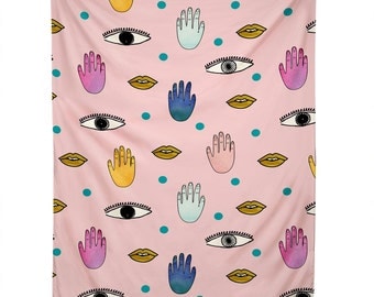 Eyes Hands Lips Dots pink wall tapestry, unique graduation gift dorm tapestry decor, Christmas gift idea living room bedroom apartment decor