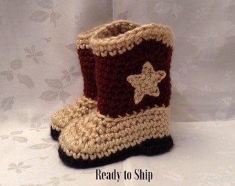 Baby Cowboy Boots Ready to Ship Brown and Tan Crochet baby cowboy booties 3 to 6 month Infant Booties