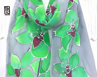 Hand painted silk scarf, Gift for her, Gift for wife, Ice Green Orchid Scarf, Gray Scarf, Silk Scarves Takuyo, Japanese Scarf, 8x54 inches