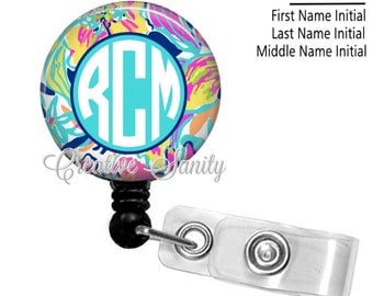 Retractable Monogram Badge Holder, Flowers In Watercolor, Choice of Badge Reel, Carabiner, Lanyard or Stethoscope ID Tag