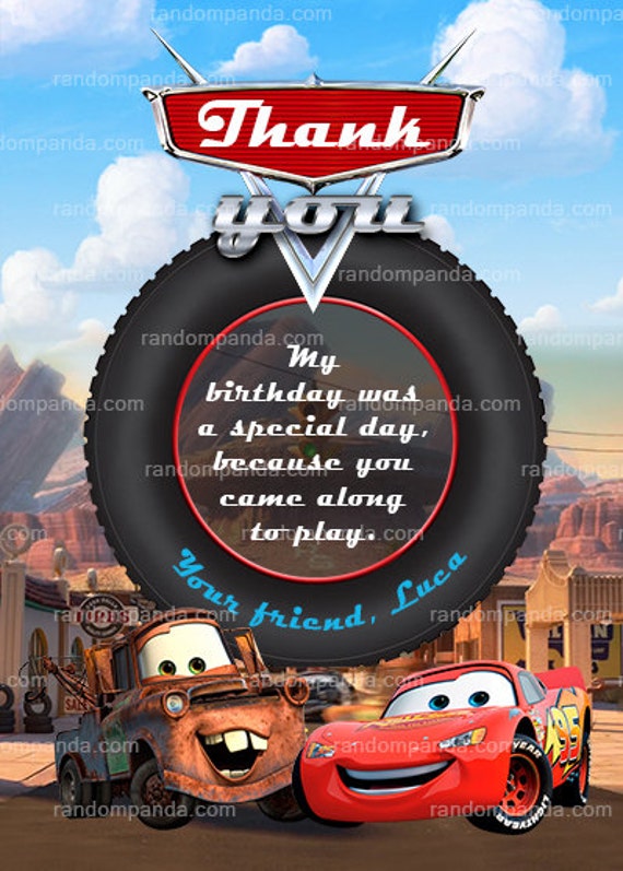 ON SALE Cars Thank You Card, Mater Party, Lightning McQueen Thank You