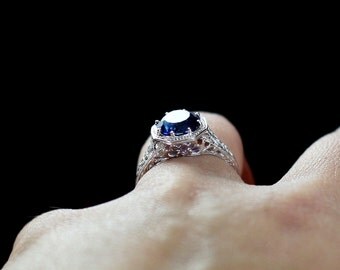 Vintage Blue Sapphire Engagement Ring Fides Antique Filigree Miligrain Round cut 2ct 8mm Custom White-Yellow-Rose gold 10k-14k-18k-platinum