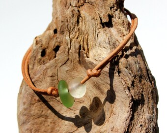 Hawaiian Dark Aqua Beach Glass and Brown Beach Glass Tiny on India Leather Cord Completely Adjustable & Stackable Bracelet