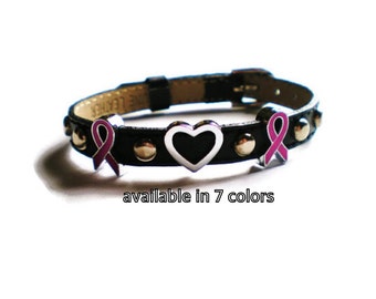 Leather Breast Cancer Awareness Bracelet - Breast Cancer Charm Bracelet - Genuine Black Leather Studded Breast Cancer Bracelet