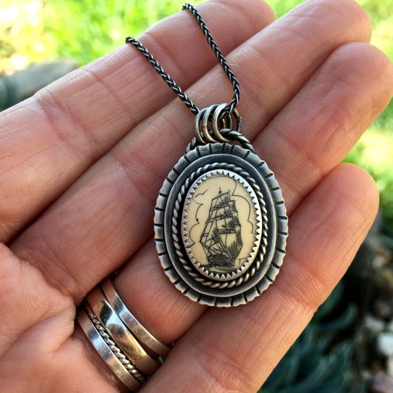 Scrimshaw Necklace. Tall Ship pendant. Nautical. Sterling