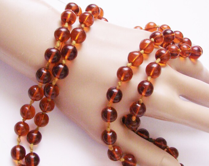 Antique Flapper Amber Glass Bead Necklace / 1930s / Hand Knotted / 42 Inches Long / Vintage Jewelry / Jewellery