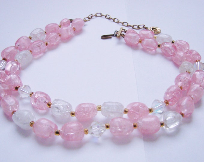 Mid Century Bead Necklace / Pink Lucite Beads / Aurora Borealis Crystal Glass Beads / Vintage / Jewelry / Jewellery
