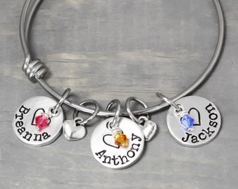 Bangle Bracelet, Hand Stamped Jewelry, Charm Bracelet, Mother Bracelet, Mother Jewelry Adjustable Bracelet Mom Bracelet Birthstone Bracelet