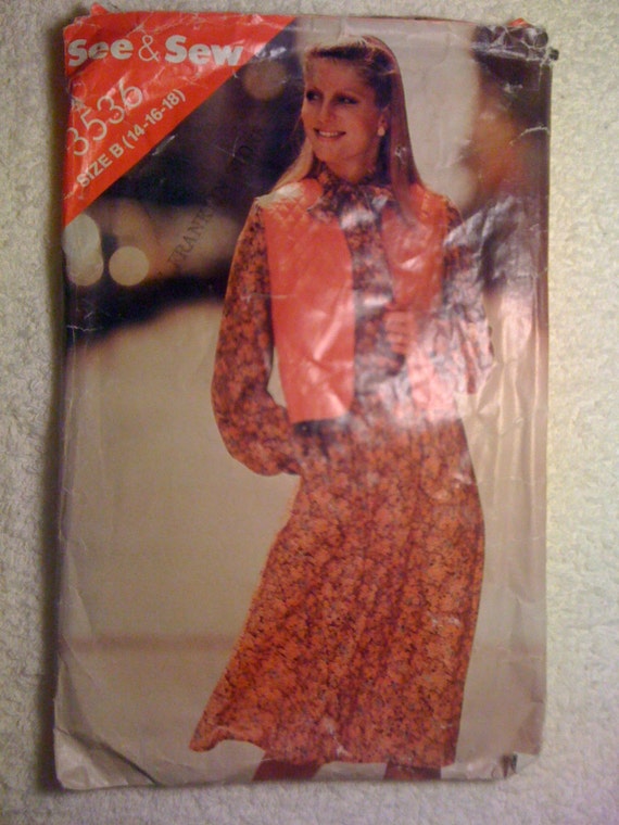 Butterick 3536 See and Sew Sewing Pattern 70s Misses Vest and Dress Size 14-16-18
