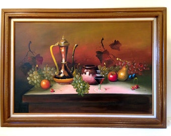 Large Vintage Still Life Oil Painting FRUIT and WINE Framed and signed Darla Cihlar