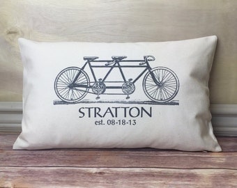 Tandem Bicycle Pillow, personalized Lumbar Pillow, Romantic Pillow, Wedding Gift Pillow, Oblong Pillow, Valentine Gift, Husband Wife Gift