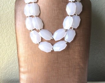 Double Layer White statement necklace with silver accents - bib jewelry cloudy white necklace, white jewelry, white beaded necklace