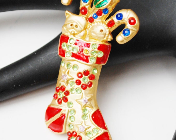 Christmas Stocking Brooch gold enamel and rhinestone pin