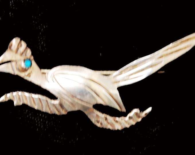 Road Runner Brooch -Silver Turquoise - Southwestern - Old Pawn - Native American Bird pin