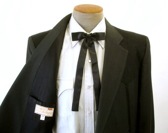 Vintage Black Satin Western Bow Tie Mid Century Cowboy Style Colonel Sanders Bowtie Country Western Rockabilly Formal Necktie Wedding Groom