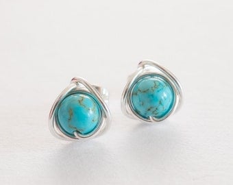 Turquoise Stud Earrings, Turquoise Earrings, Silver Earrings, Gift Ideas, December Birthstone, Real Turquoise, Boho Jewellery