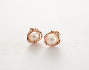 Freshwater Pearl 14k Rose Gold Stud Earrings, Pearl Earrings in Silver/Gold, June Birthstone, Wedding, Bridesmaids Gifts, Birthday Gift