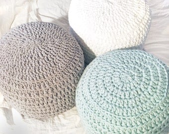 Mint Green White Grey Hand Crochet Pillow Ottoman Pouf, Footstool, Cushion! STUFFED! Perfect gift for baby showers!