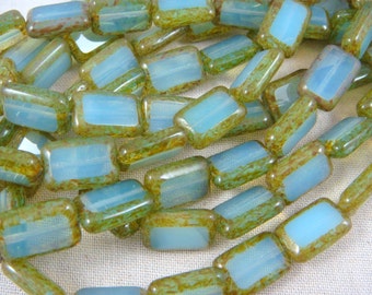 Czech Picasso Beads - Aqua Opal Rectangle with Picasso Edges (REC/SM-T6100) - 12x8mm - Qty 12