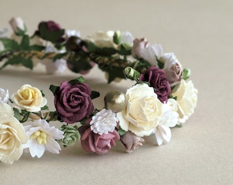 Plum & Ivory Flower Crown - Paper flower headpiece - Made of mulberry paper and natural twine
