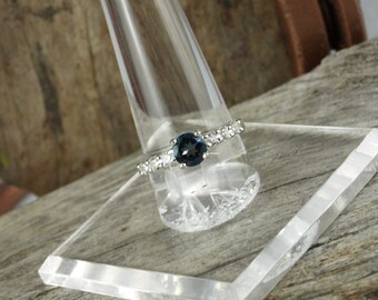 Sterling Silver Ring - London Blue Topaz Ring - Friendship Ring - Everyday Ring - 6mm Natural London Blue Topaz Stone with CZ Accents