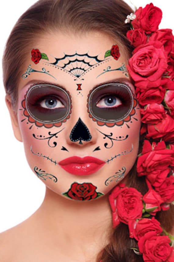 Sugar Skull Temporary Face Tattoo Red Roses Day by PaperCitadel
