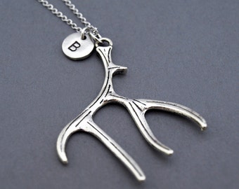 Antler necklace, Silver antler charm, Deer antler necklace, Large antler charm jewely, initial necklace, personalized, monogram