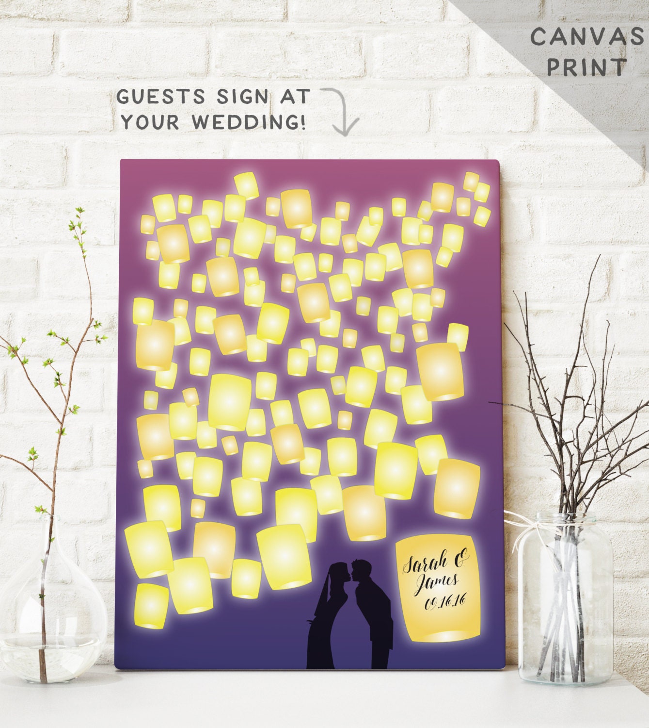 Canvas Wedding Guest Book with Lanterns Fairy Tale Guest