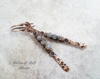 Labradorite earrings / hammered copper stick earrings / wire wrapped earrings / copper jewelry / wire wrapped jewelry handmade earrings