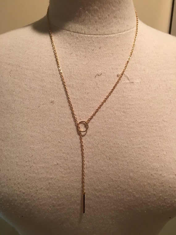 Gold bar and circle lariat necklace