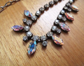 Vintage Single Strand Rhinestone Necklace, Clear and Pink AB Sparkling Navettes Rhinestone Necklace