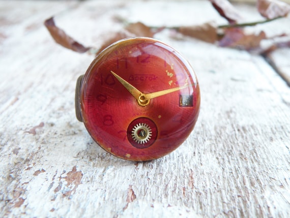 Red steampunk ring Made of vintage watch face Adjustable ring Wire ring Jewelry for men Brass ring Men ring Biker ring Steampunk jewelry by Eternity31 steampunk buy now online