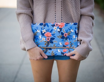 Rifle Fabric Clutch, Blue Floral Foldover Clutch, Fold Over Clutch, Light Blue Bridesmaid Gift, Rifle Paper Co Handbag, Bridal Party Gift