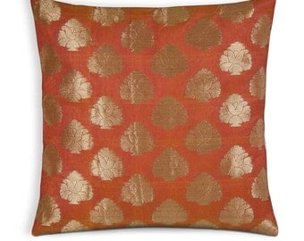 Silk Cushion Cover - Orange and Gold Chanderi Silk Pillow Cover - 12x12 Inch Square Pillow Cover - Indian Wedding Decoration
