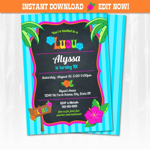 Luau Invitations DIY Instantly Downloadable and Editable