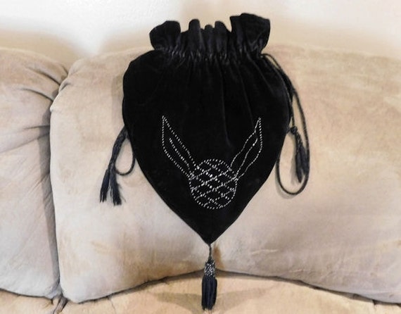 Antique Tasseled Black Velvet Reticule Pouch Evening Bag Art Deco 1920s Flapper Silk Drawstring Satin Lining Steel Cut Bead Work Purse