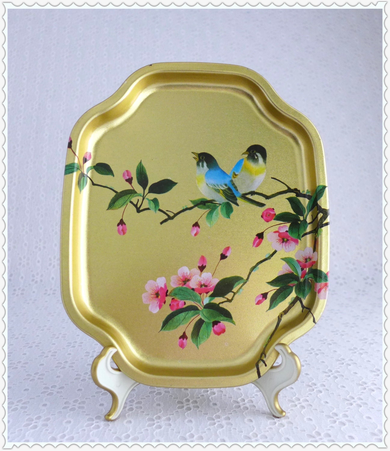 Elite Metal Tray, Metallic Gold, Blue Yellow Birds, Vintage Home Decor