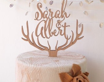 Wedding cake topper, personalized deer antler cake topper, rustic wedding cake topper, wooden antlers cake topper, custom cake topper
