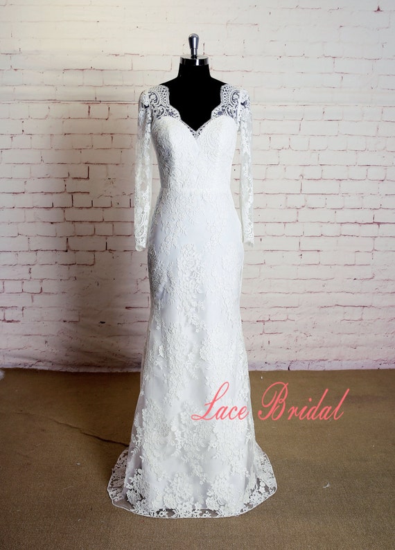 Long Sleeves Wedding Dress with V Back Sheath Style Bridal