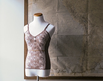 Vintage Mocha Lace and Satin Camisole - Sheer Lace Lingerie