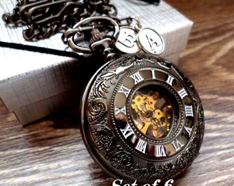 Black Pocket Watch Set of 6 Personalized Pocket Watches with Chains Clearance Groomsmen Gift Wedding Usher Best Man Ships to USA/Canada