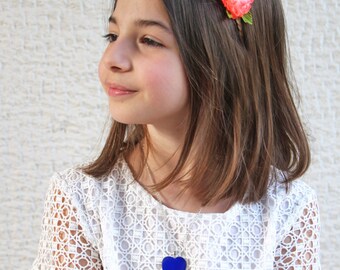 Blue heart necklace, kids jewelry, flower girl pendant, lapis blue resin necklace, blue heart charm, blue glass necklace, baby shower gift