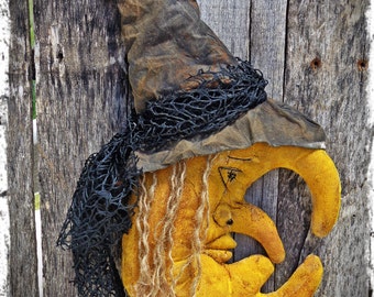 Primitive Witch Moon Halloween Folk Art, Door Greeter, Autumn Fall Decor, Shelf Tuck, Cupboard Sitter, OFG FAAP