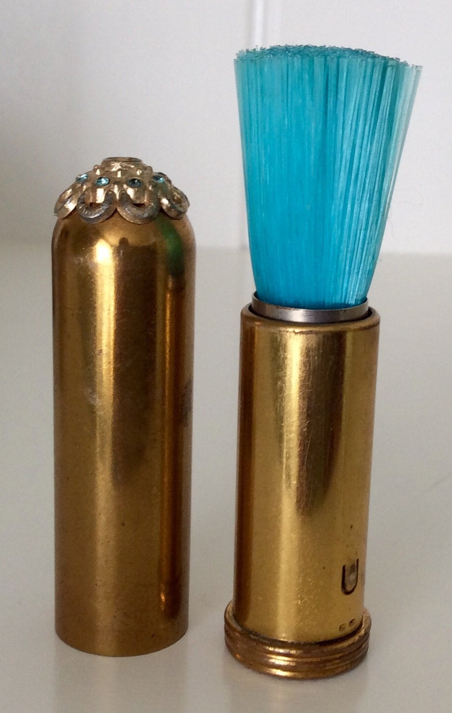 Mid Century Retractable Makeup Brush In Brass Tube Case With Rhinestone