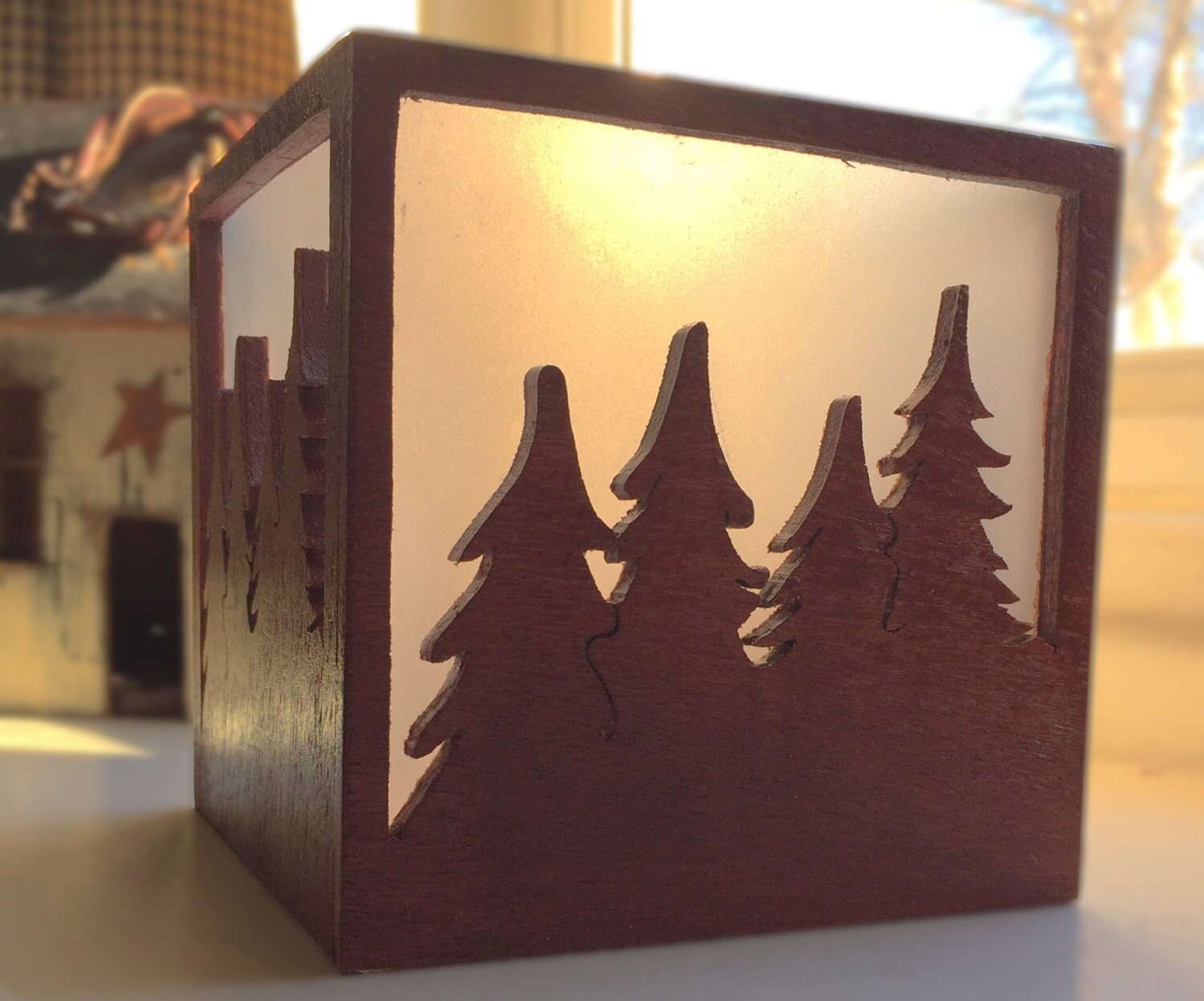 Wooden Candle Lantern Candle box Evergreen tree shadow box