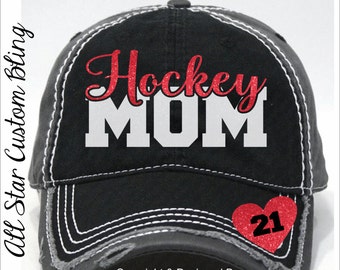 Glitter Hockey Mom Hat, Hockey Mom Distressed Hat, Mom Hockey Hat, Custom Hockey Hat, Personalized Hockey Mom Hat