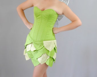 Tinkerbell Inspired Overbust Steel Boned Corset and Skirt Costume - Adult